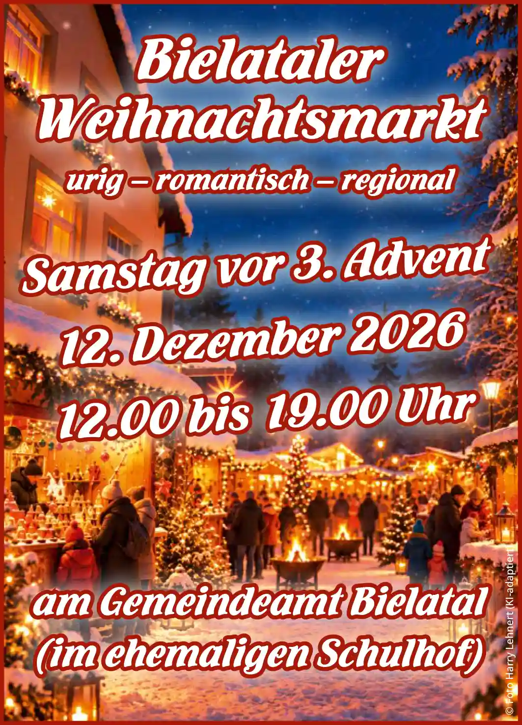 Werbung save the date für Weihnachtsmarkt in Bielatal am 12. Dezember 2026 von 12:00 bis 19:00 Uhr